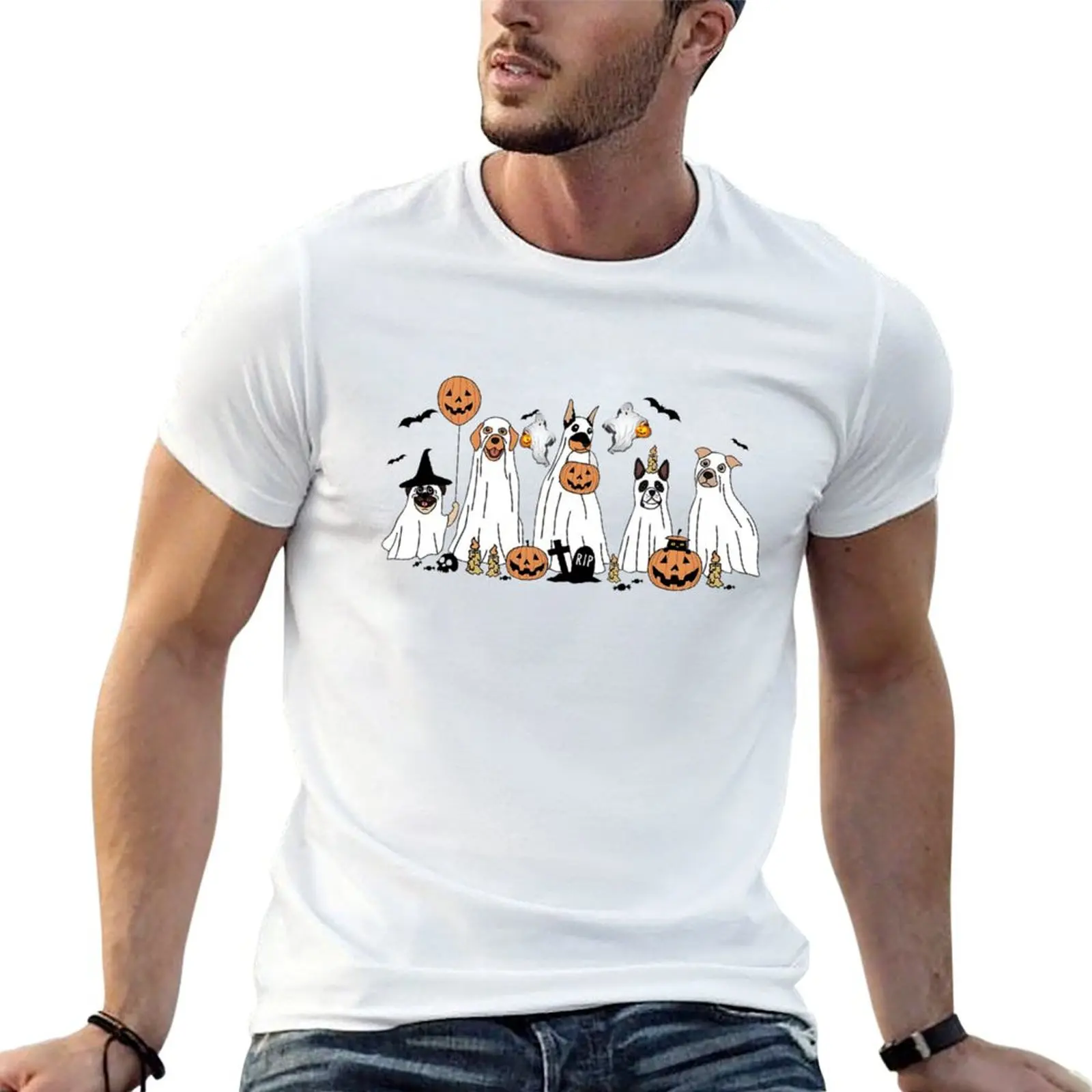 Ghost Dog Retro Spooky Season Halloween T-shirt korean fashion hippie clothes anime t shirts for men graphic