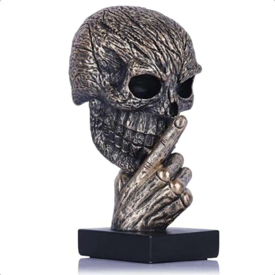 

Black and Gold Speak No Evil Skull Sculpture Gothic Halloween Figurine for Shelf or Desk Resin Bronze Skeleton Statue for Goth