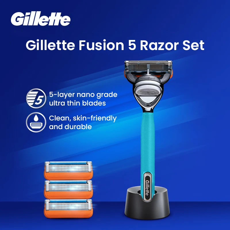 Gillette Blue Fusion 5 Razor Set 5-Layer Nano Grade Thickness Sharp Blade Shaving Razor with Precision Trimmer