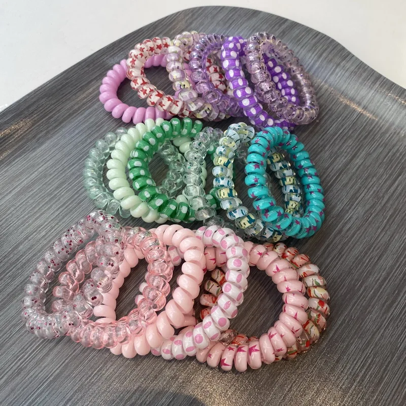 6pcs/set Women Telephone Wire hair bands girls Star Printing Spiral Cord hair tie elastic Scrunchies  hair rope gum Accessories