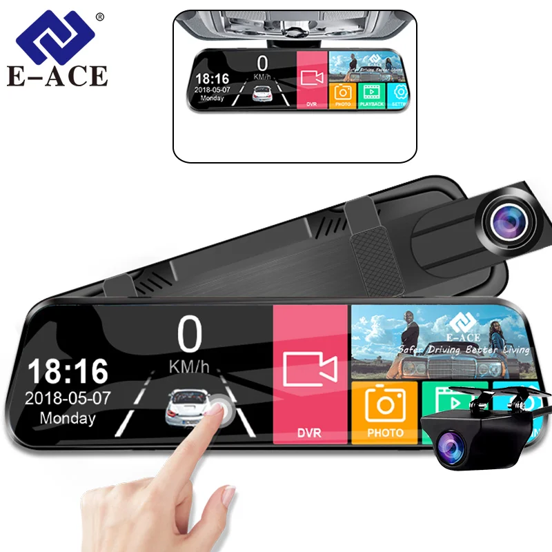 E-ACE 10 Inç Ayna Kamera Araba DVR Video Kaydedici Dokunmatik Ekran 1080 P Ön ve Arka AHD Lens Dashcam Akışı Kara Kutu