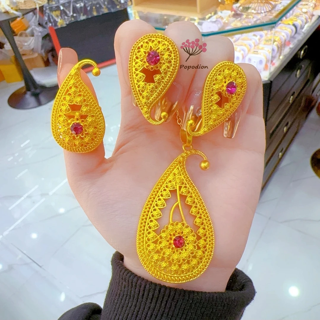 

New German 24K Gold Plated Necklace, Earrings, Rings, Wedding Engagement Party Jewelry Set for Lovers DD10700