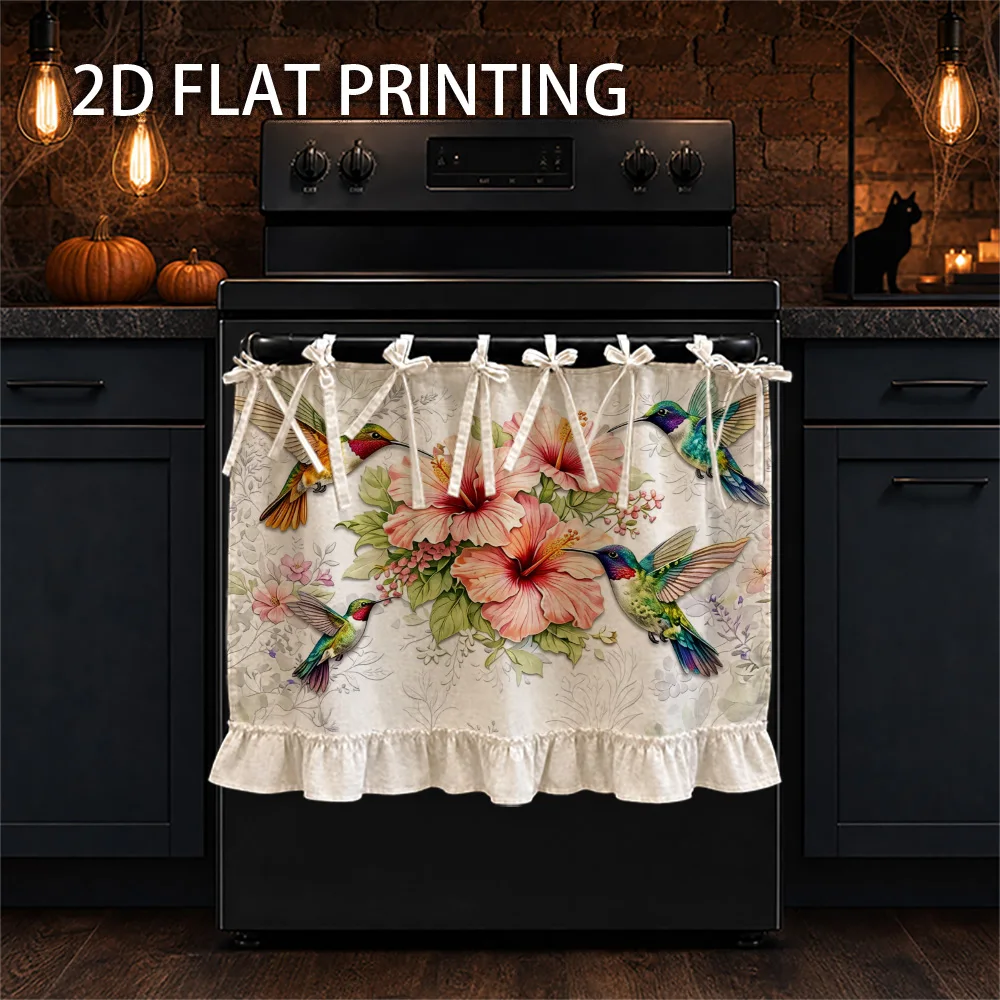 1PC kitchen stove curtain, cabinet curtain, and apron set. Features a 2D graphic print design with hummingbirds and hibiscus flo