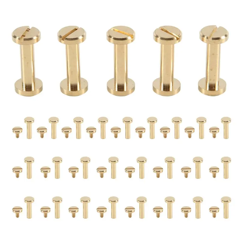 A84X-30Pack Brass Chicago Screws, Flat Head Screw Back Binding Post Nail Stud Rivets Fastener For DIY