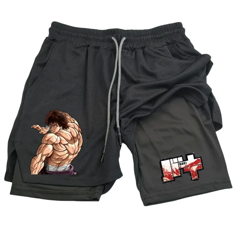 Anime Hanma Baki Gym Shorts Schwarz für Herren 2-in-1 Mesh Schnelltrocknende Boardshorts Sommer Shorts Herren Bodybuilding Fitness Laufshorts