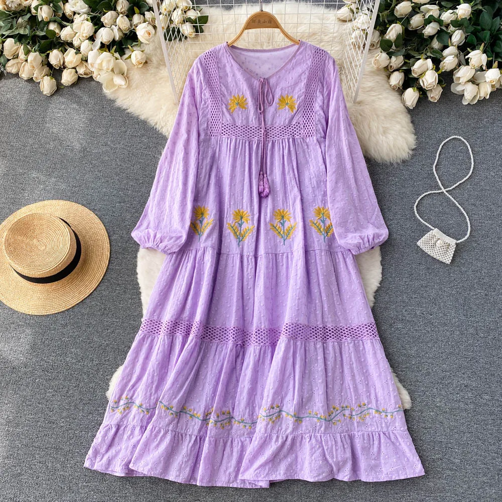 Vintage Chic Women Bohemian Heavy Flowers Embroidered Cotton Medium length Dress Robe Ladies V Neck Tassel Boho Maxi Dresses