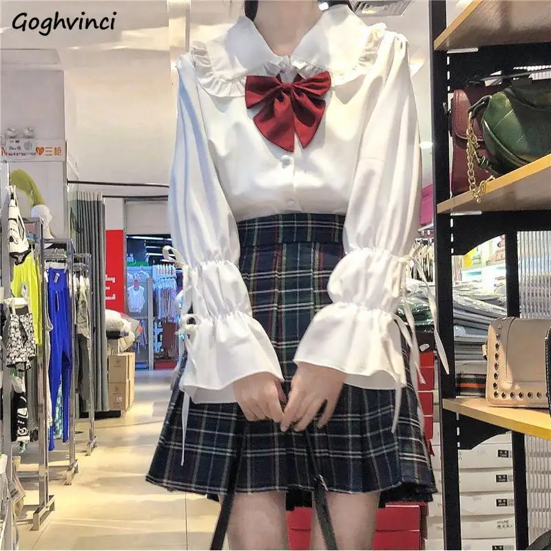 

Shirts Women Long Flare Sleeve Lace-up Japan Style Sweet Girls Peter Pan Collar Preppy Cute High School Students Jk Uniform Chic