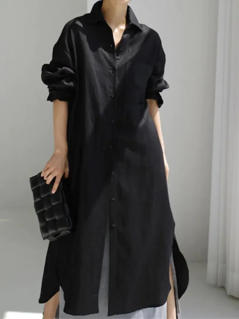 

Fashion Solid Color Dress Lapel Neck Long Sleeve Shirt Dress Women Elegant Loose Office Vestidos Vintage Loose Maxi Robe Платье