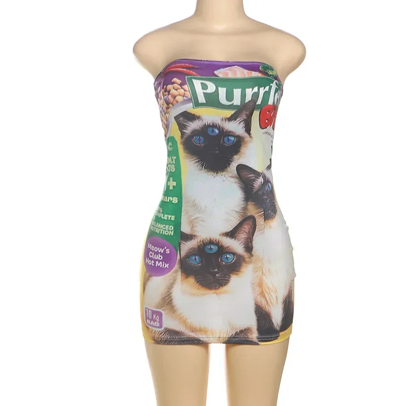 Donne Sexy Lettere Gatto Stampa Senza Spalline Aderente Mini Abito Senza Maniche Backless Slim Hipster Y2K Partito Clubwear Casual Streetwear