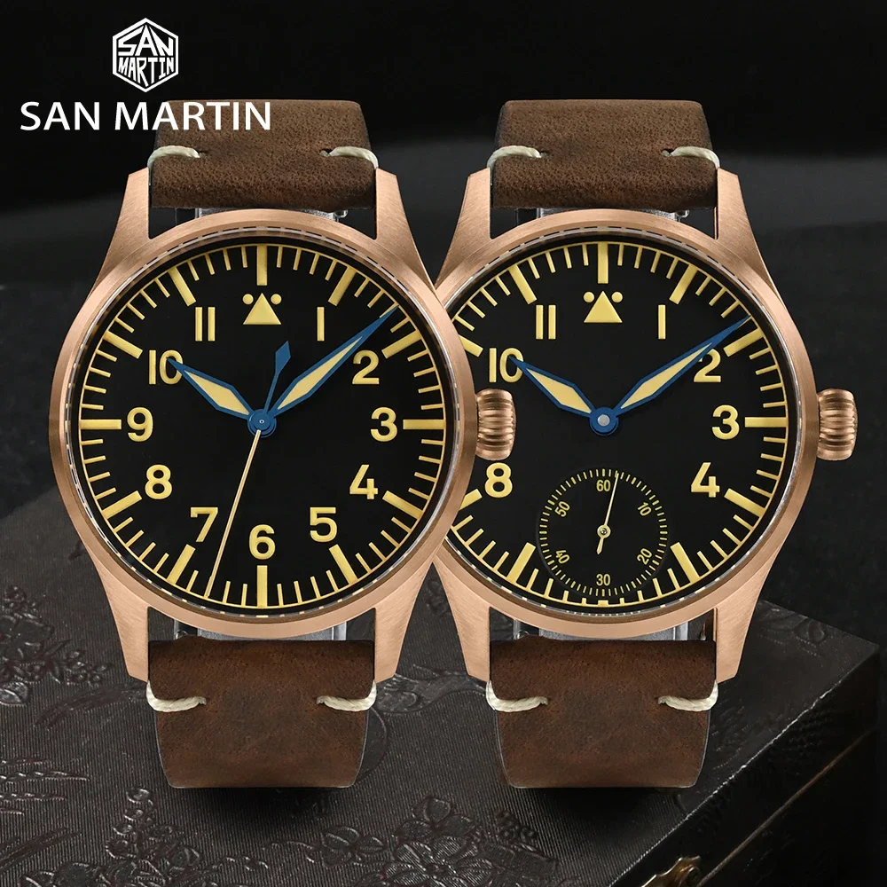 San Martin 41mm Cusn8 Bronze Pilot Watch NH35 Automatic Mechanical Men Watches Military Simple Sapphire 10Bar Leather Relojes