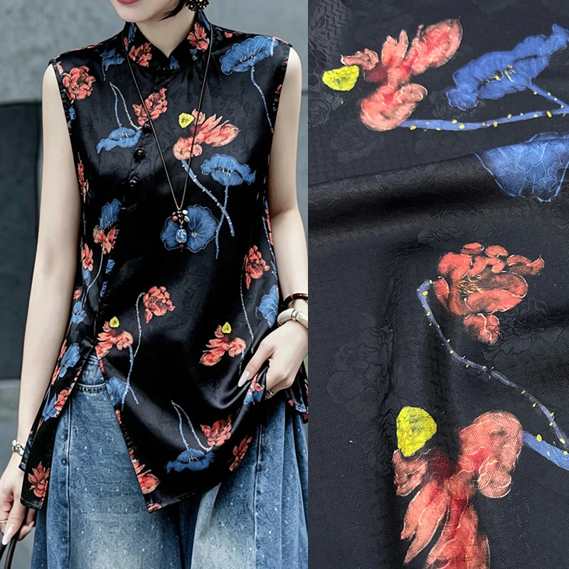 orange-and-blue-floral-printed-black-hualuo-silk-fabric-for-diy-sewing-summer-dress-pants-pajamas-114cm-wide-26mm-r6801