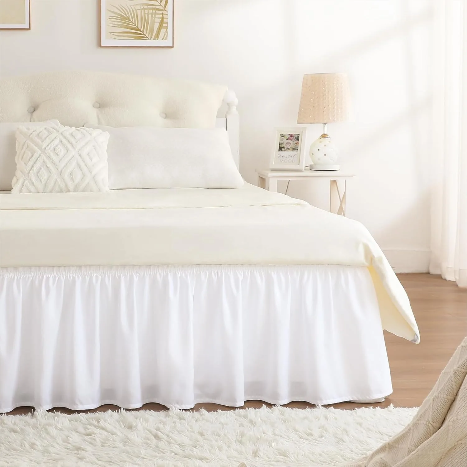 

White Bed Skirt Queen Size 18 Inch Drop, Elastic Bed Skirting for Bed Base and Frame, Easy Install Wrap Around Adjustable Dust