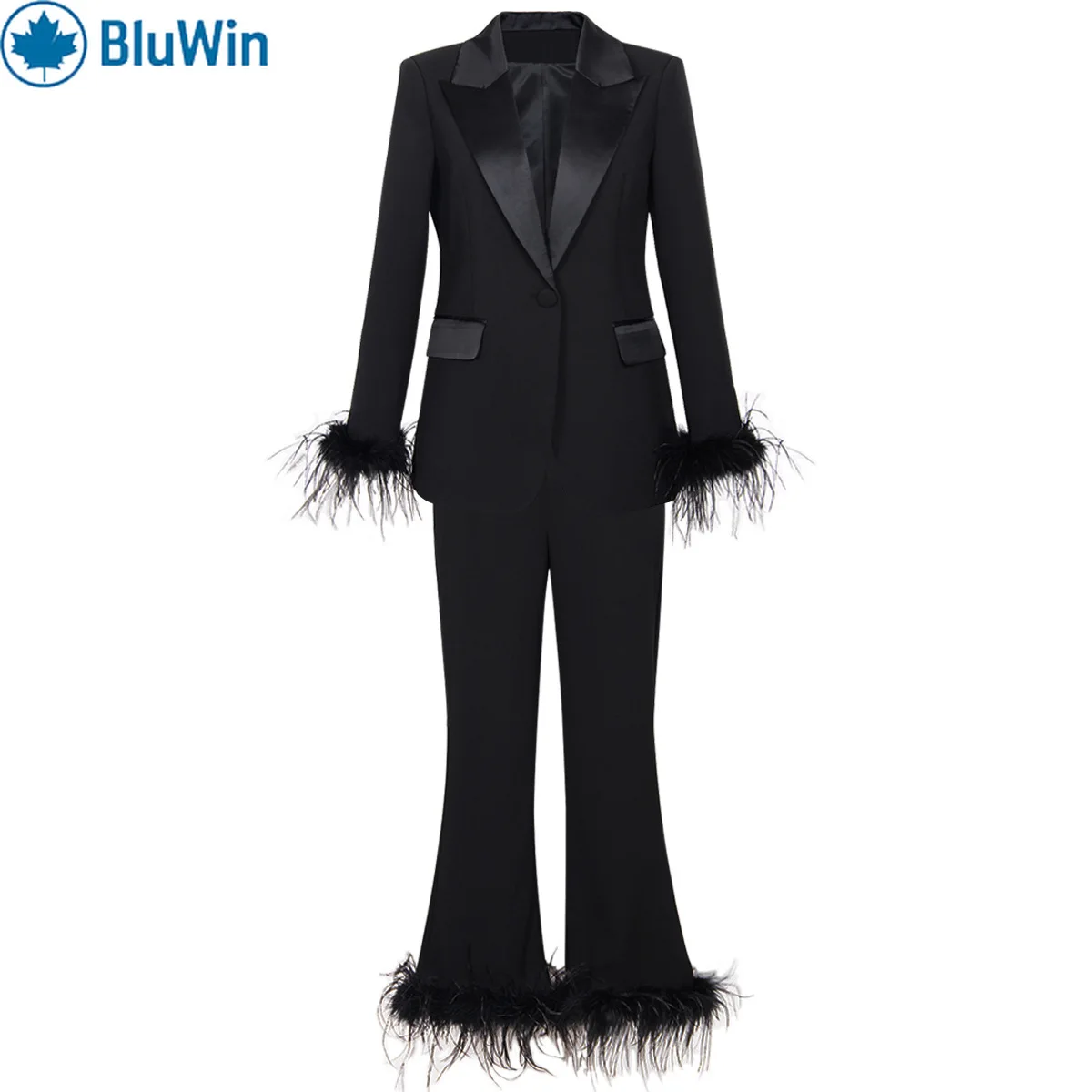 

URBANCHIC Two-Piece Set Feather-Trim Women's Pantsuit Black Blazer & Flare Trousers Single-Button Elegant Party