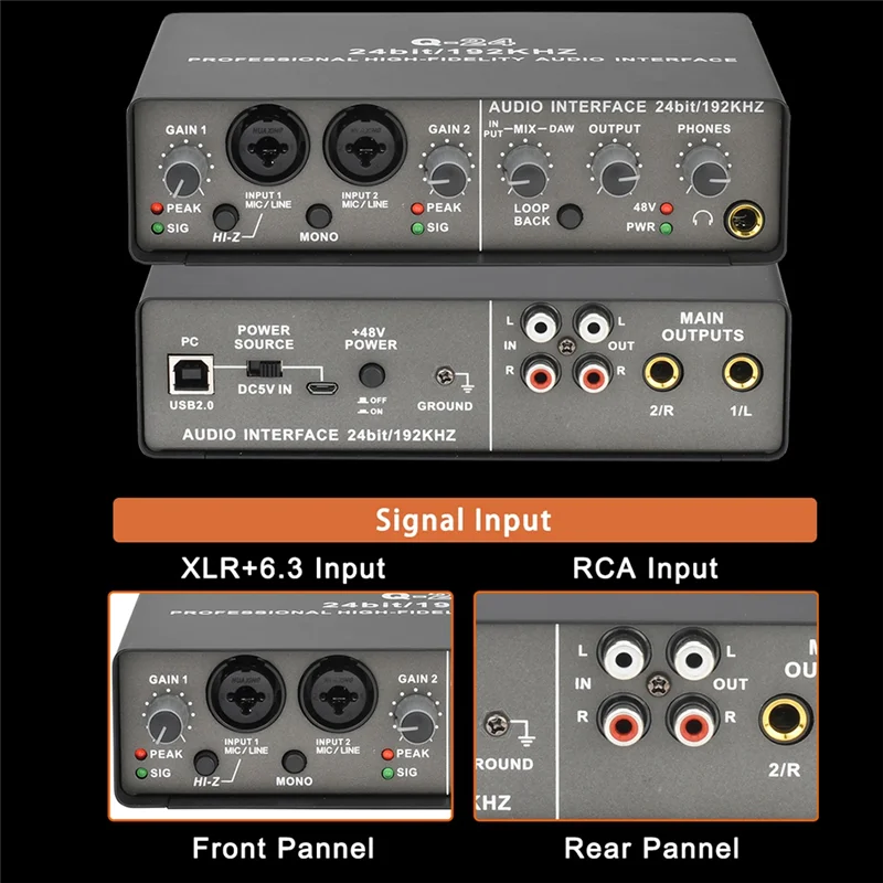 B04C-Professional 24Bit 192Khz Audio Interface 2 Input Sound Card For Electric Guitar Loopback External Studio PC Recording Dura