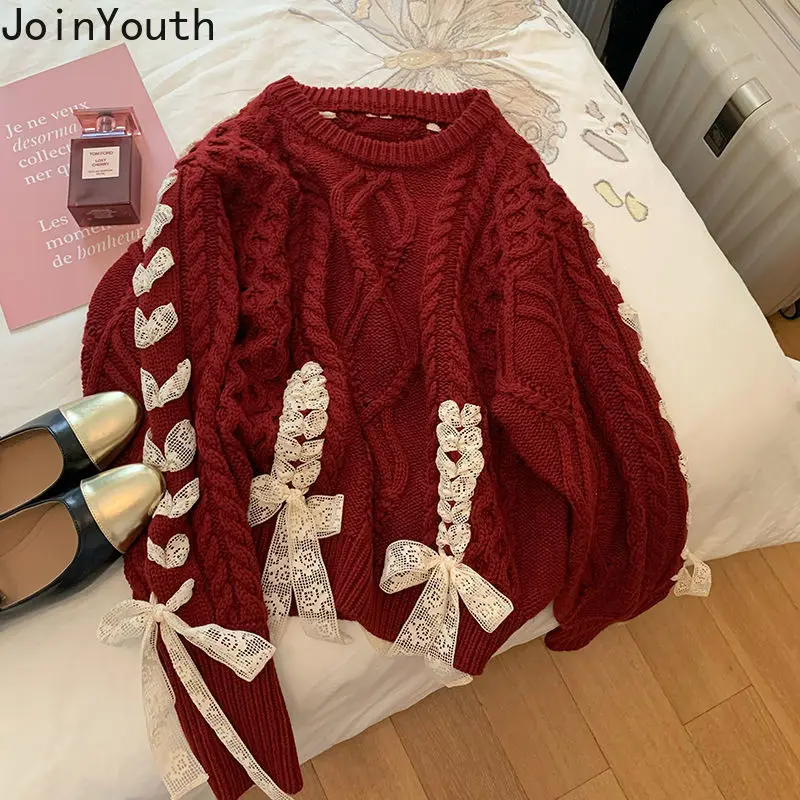 Fashion Sueter Mujer Knitwear Pullovers Women Clothing O-neck Lace Bandage Bow Sweet Jumper Knit Ribbed Cropped Sweater Tops