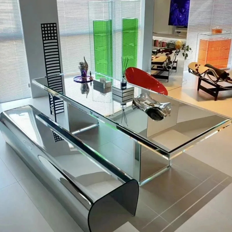 Italian minimalist mirror glass dining table, Bauhaus long table, light luxury high-end desk, writing, office