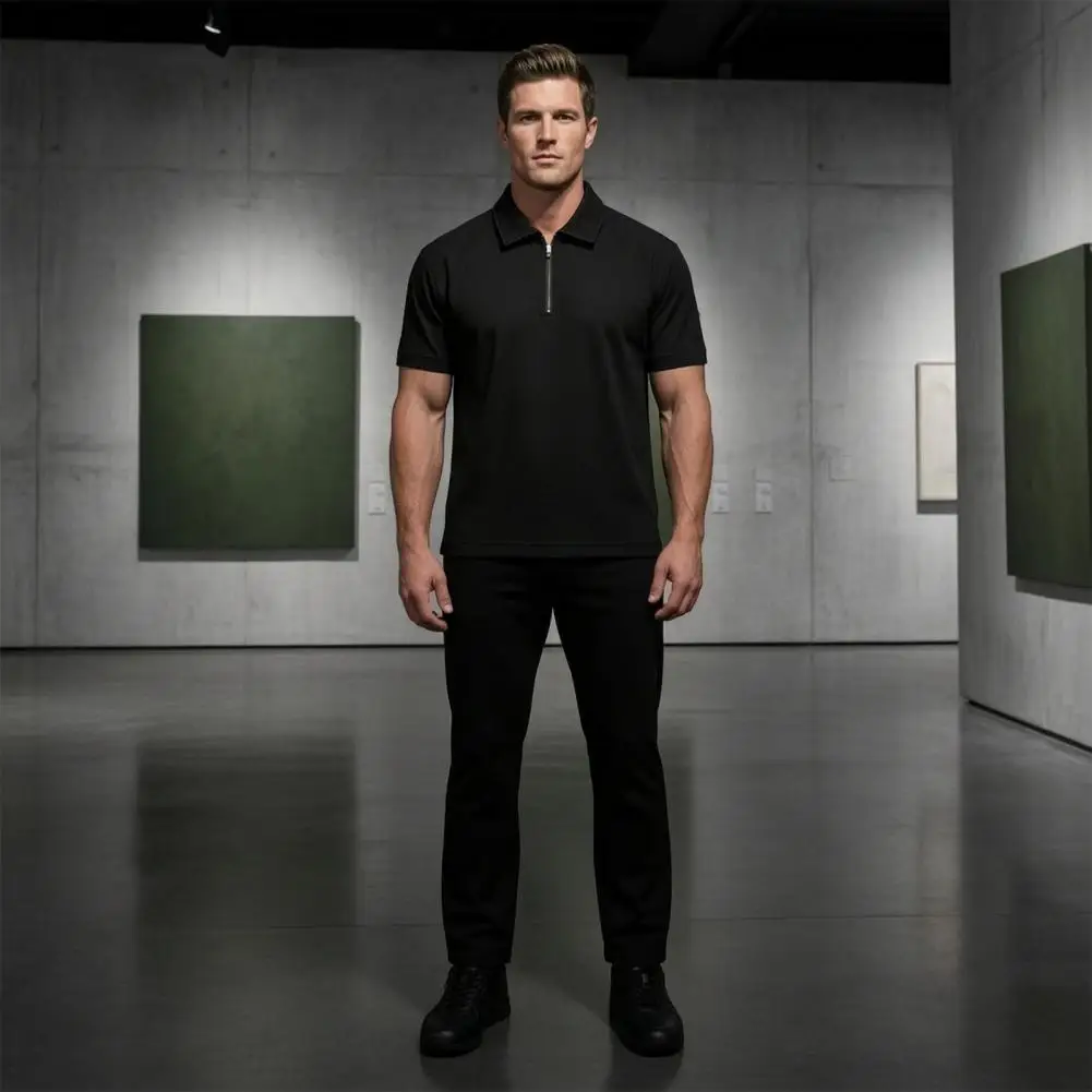 Summer New Men's Casual Slim Fit Shirt Flip Collar Breathable Half Zipper Short Sleeve Top Solid Color Comfortable T-shirt