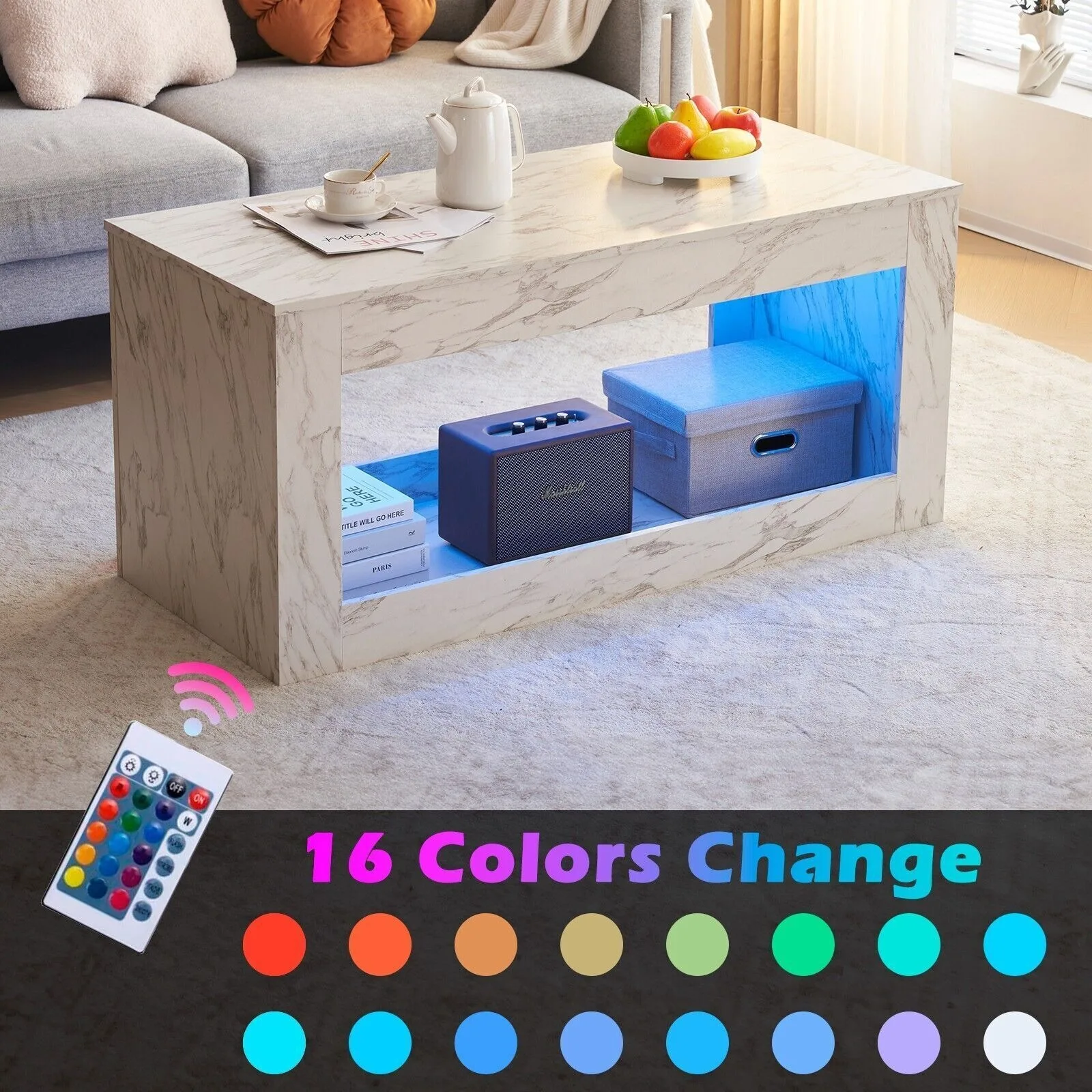 

US 47.2IN Modern High Gloss LED Coffee Table, with APP Control,with Marbling Print