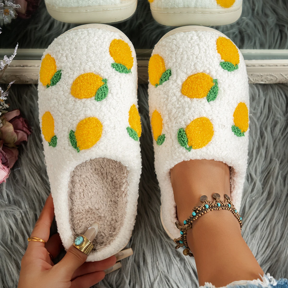 

Lemon Pattern Cartoon Indoor Girl's Fruit Slippers Soft Sole Comfy Winter Bedroom Cute Leisure Warm Women's Home Plush Shoes