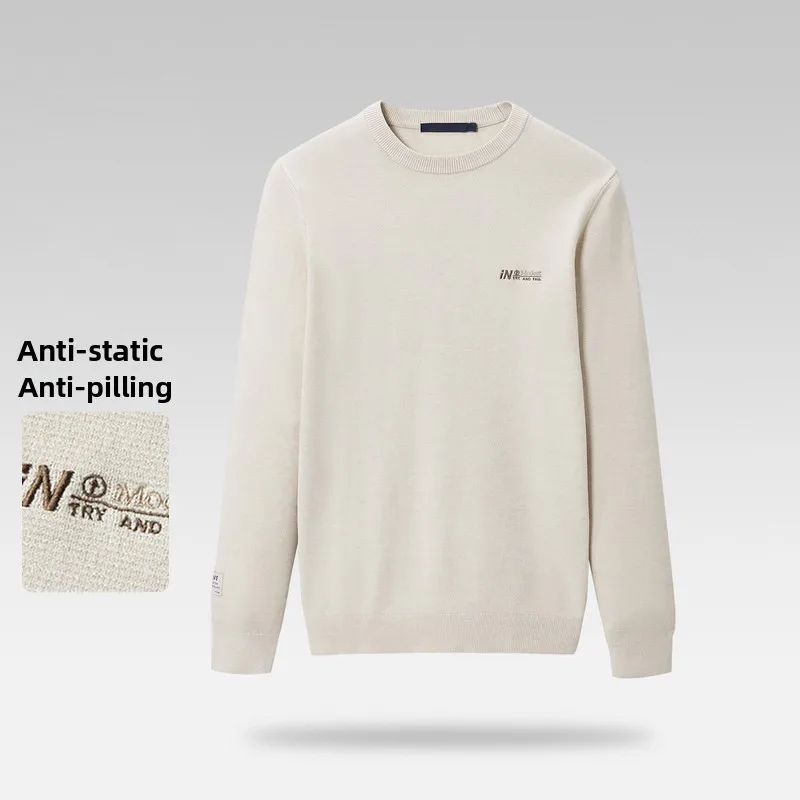 

Модный мужской вязаный пуловер с длинным рукавом и круглым вырезом, однотонный, с вышивкой, эластичный, моющийся, для весны и осени