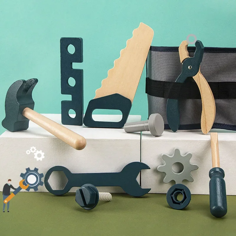 Kids Pretend Tool Role Playing Educational Toys 3-6 Year Old Boys Wooden Simulation Children's Repairman Waist Bag Set