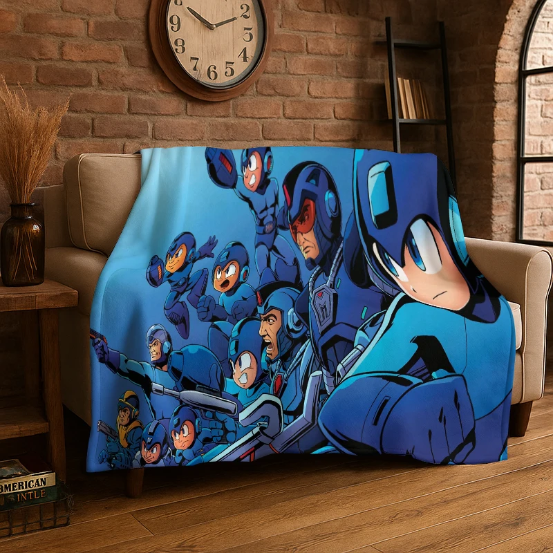 Retro Rockman Mega Man Game Cartoon Flannel Blanket Soft Warm Throw Blanket for Bedroom Living Room Bed Travel Camping Picnic