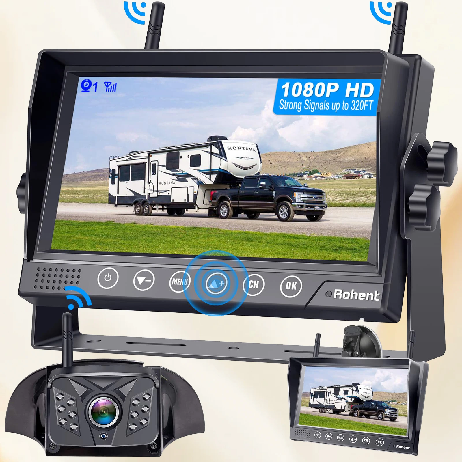 Wireless RV Backup Camera HD 1080P Night Vision Dual Antennas 7'' Touch Key DVR Monitoring Waterproof Rear View System