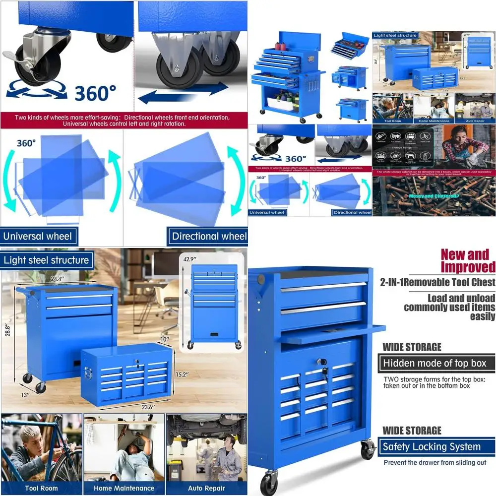

Мобильный инструментальный ящик на 8 ящиков с отсоединяемым органайзером, с замком, идеально подходит для мастерских и гаражей (синий)
