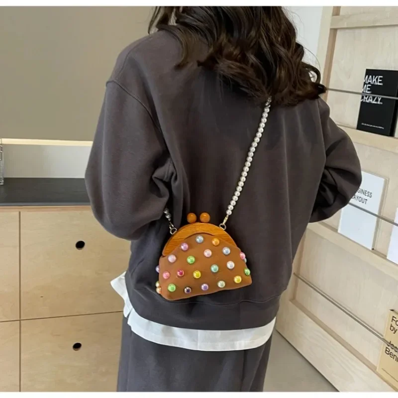 Canvas Hasp Shoulder Bags Wooden Pearl Beading Colorful Beads Crossbody Bags for Women 2024 Casual Cute Bolsas Femininas