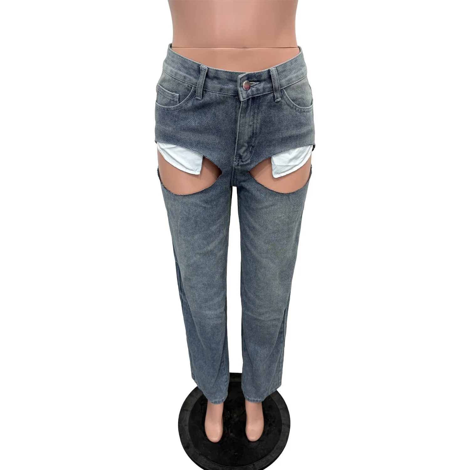 

Y2k Sexy Hollow Out Denim Pants Women Solid Color Hole Patchwork High Waist Jeans Female Streetwear Bottoms 2025 New