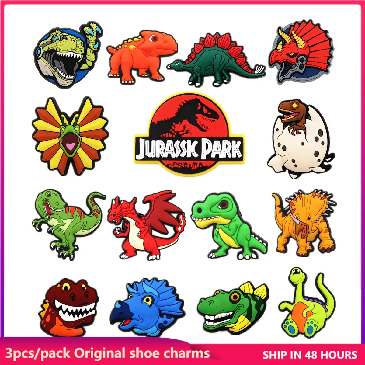 3 Pack Original Dinosaur Park PVC Shoe Charms Accessories Jurassic Raptor Sandal Decorations Rex for Kids Party X-mas Gifts