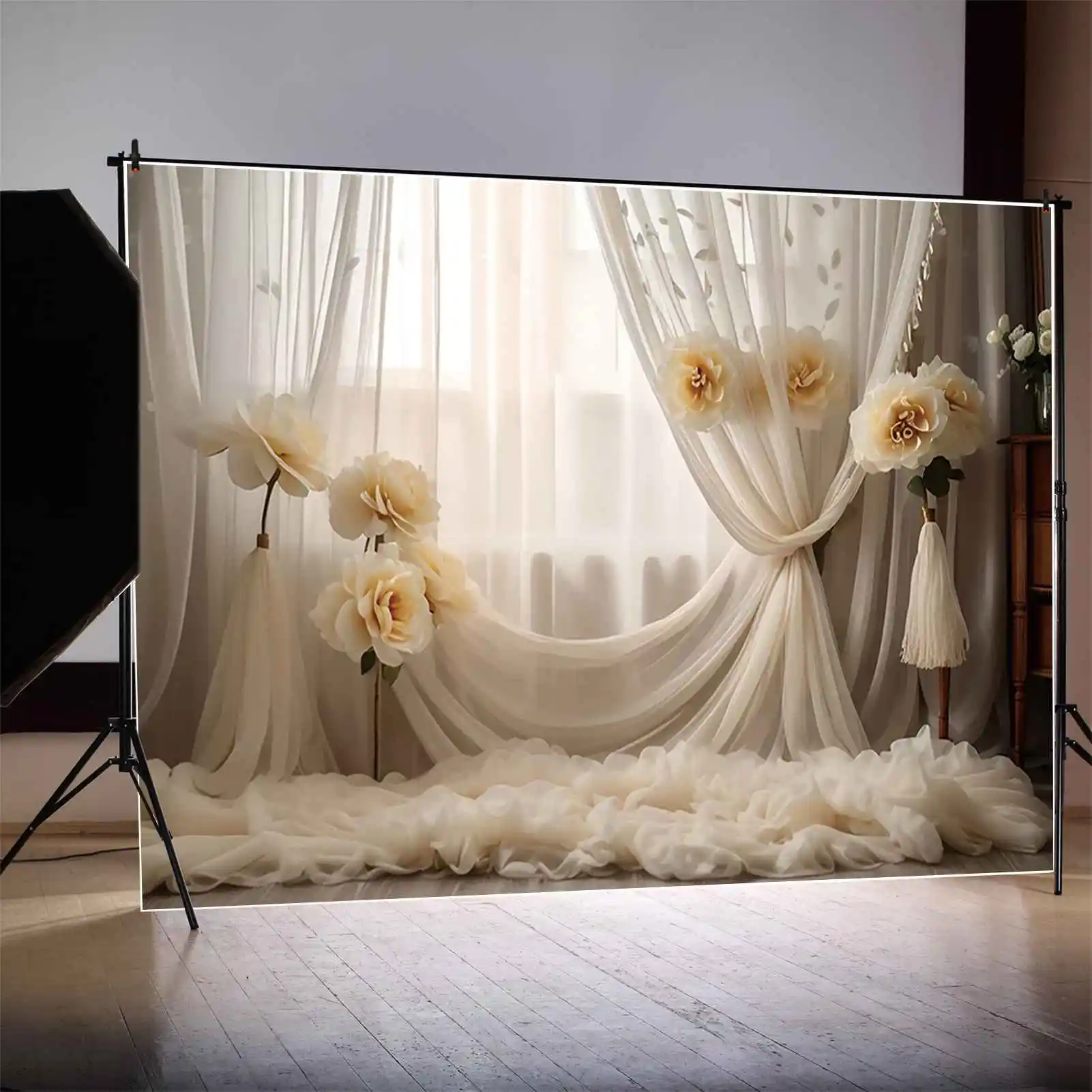 MOON.QG Girls Portrait Bohemian Style Backdrop Flower Drapes Curtain Background Custom Party Decoration Photocall Props