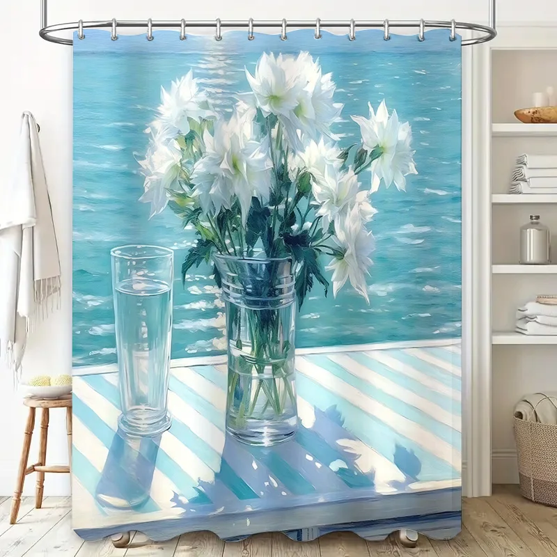 

Modern Blue White Striped Shower Curtain Water Art Print with White Flowers Decor Enhances Bathroom Aesthetics Rustproof Hooks‌