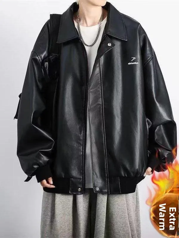 

Thiened Fce Lined Men's PU Leather Jaet Baseball Sle Biker Coat American Trendy Winter Outerwear Long Sve Zipper