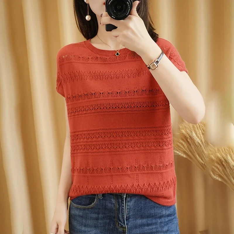 New cotton linen knitted short-sleeved round neck thin section hollow casual T-shirt women 2023 summer loose top