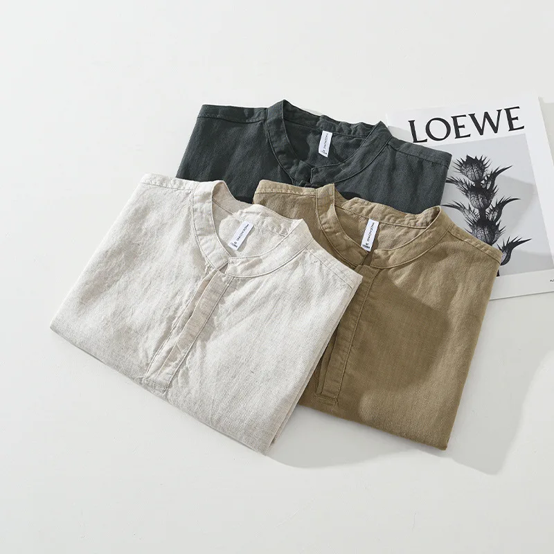 

Japanese summer linen pullover men's casual shirt elegant soft Tencel fashion stand collar loose short sleeves