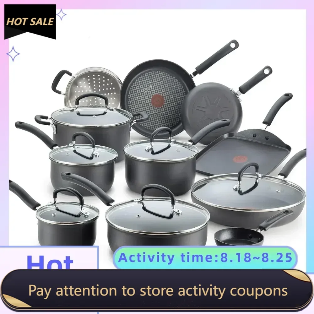 Lid Safe 350F Pots and Pans Fried Pot Set Ultimate Hard Anodized Nonstick Cookware Set 17 Piece Oven Safe 400F Pot for Cooking