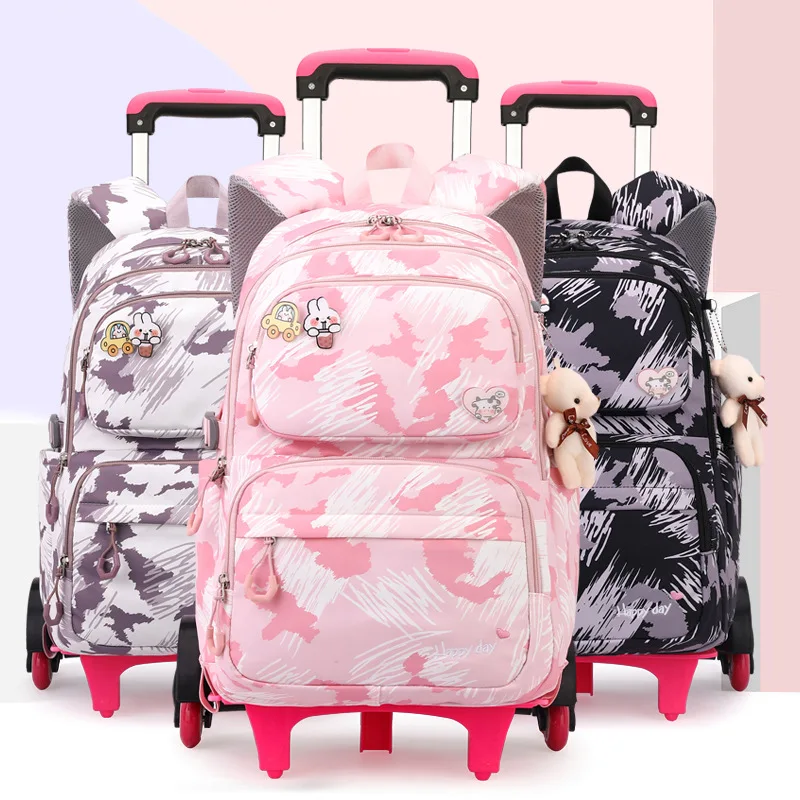 Mochila escolar con carrito con colgante de oso para niños, morral escolar con 2/6 ruedas para ortopedia, equipaje para niñas