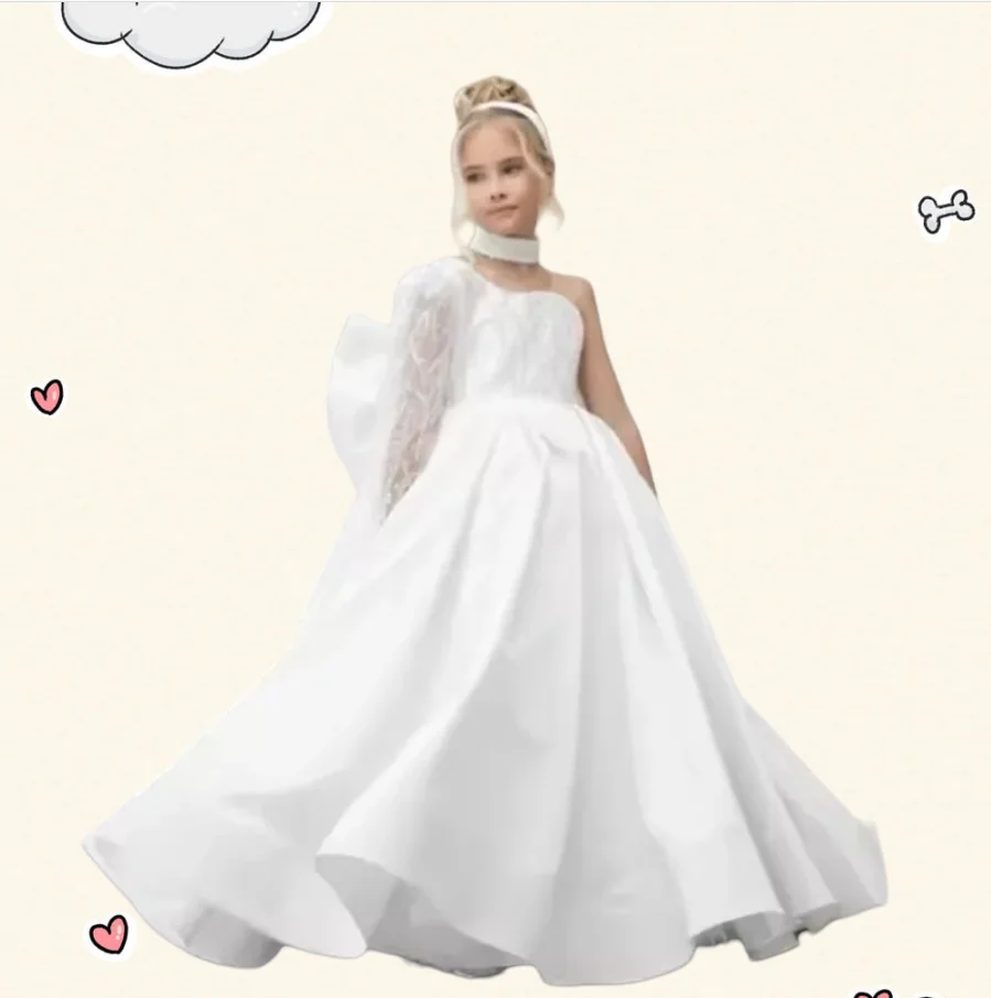 

Elegant Flower Girl Dress Sequined One Shoulder A-Line Floor Length Ball Gown For Wedding Girls First Communion Birthday Dresses