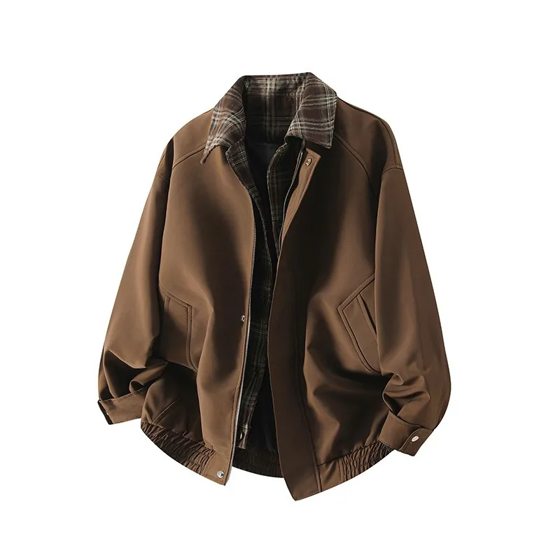 

Plaid Fake Two-piece Jacket Men's Spring and Autumn 2026 Maillard Brown Flight Lapel Jacket Men's