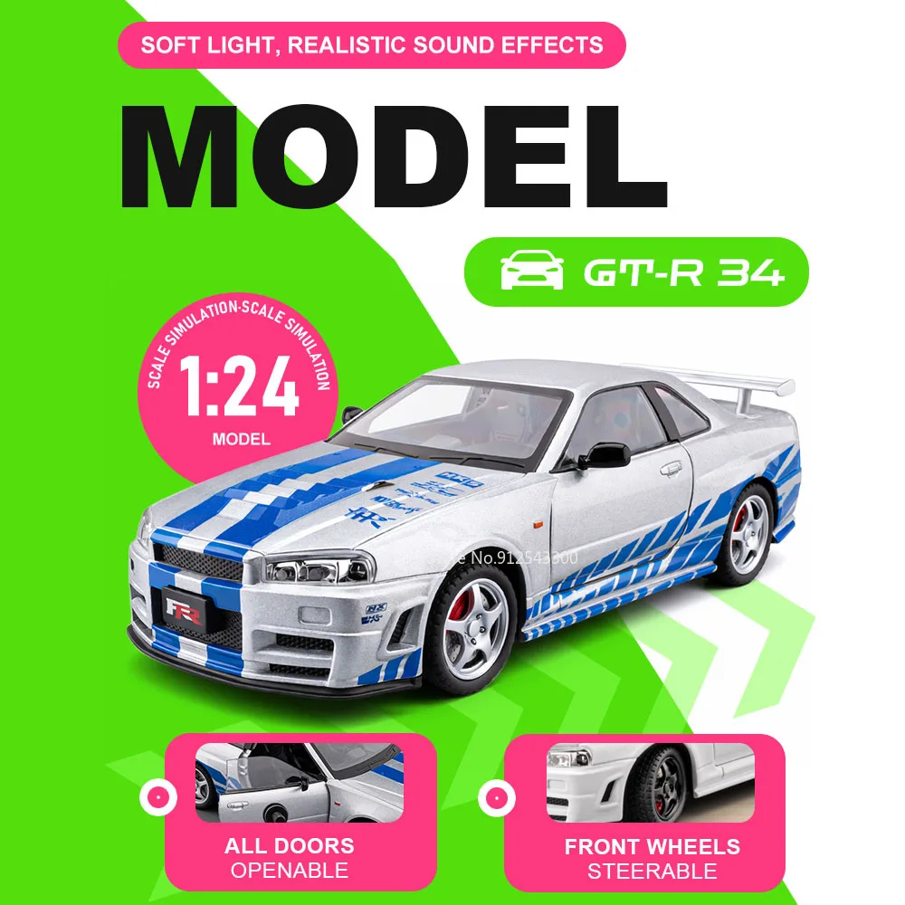 

1:24 Scale GTR-R34 Alloy Car Model Toy Doors Opened Pull Back Front Wheel Steering Vehicles Models Home Decor Decoration