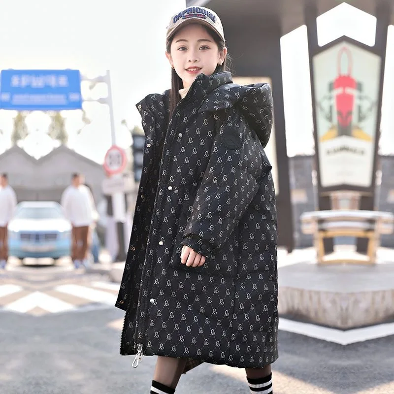 

RAISE зимний пуховик для девочек, толстая теплая длинная верхняя одежда с капюшоном и принтом для девочек-подростков, детская куртка для девочек-подростков, пальто