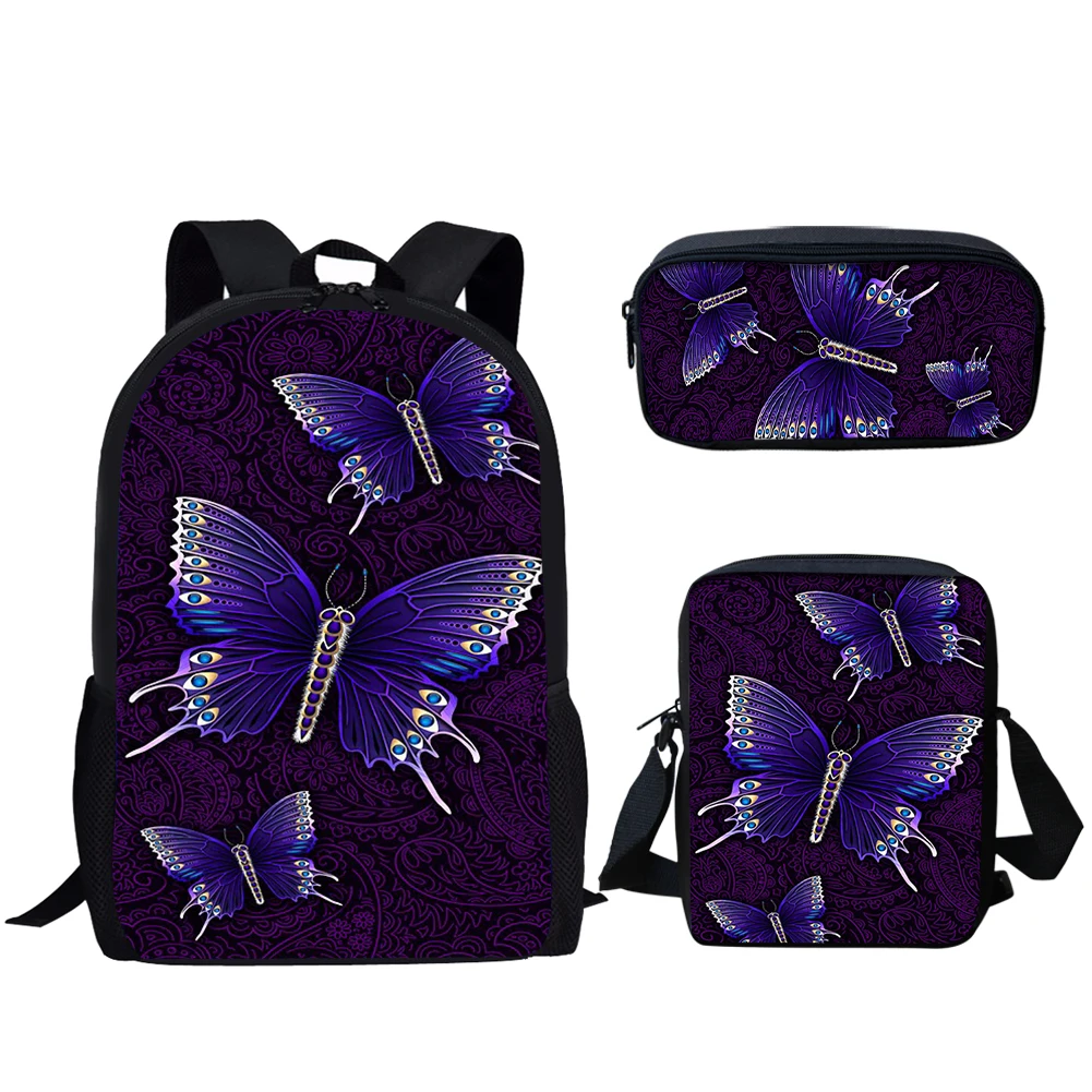 Purple Butterfly Moon Print 3Pcs School Bags for Teen Girls Travel Backpack for Women Casual Schoolbag Large Capacity Backpack
