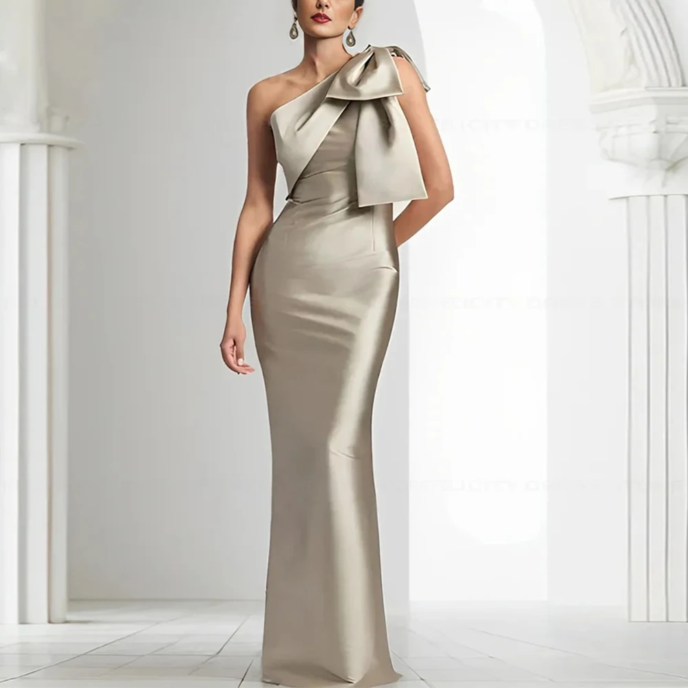 Pewter Satin Evening Dress One Shoulder Bow Sleeveless Column Evening Gowns for Women 2024 Trumpet Elegant Wedding Party Dresses