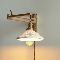 Walnut Solid Wood Folding Wall Mounted Lamps for Bedroom Bedside Hotel Nordic Sconce Light Plug in Wooden Background Reading