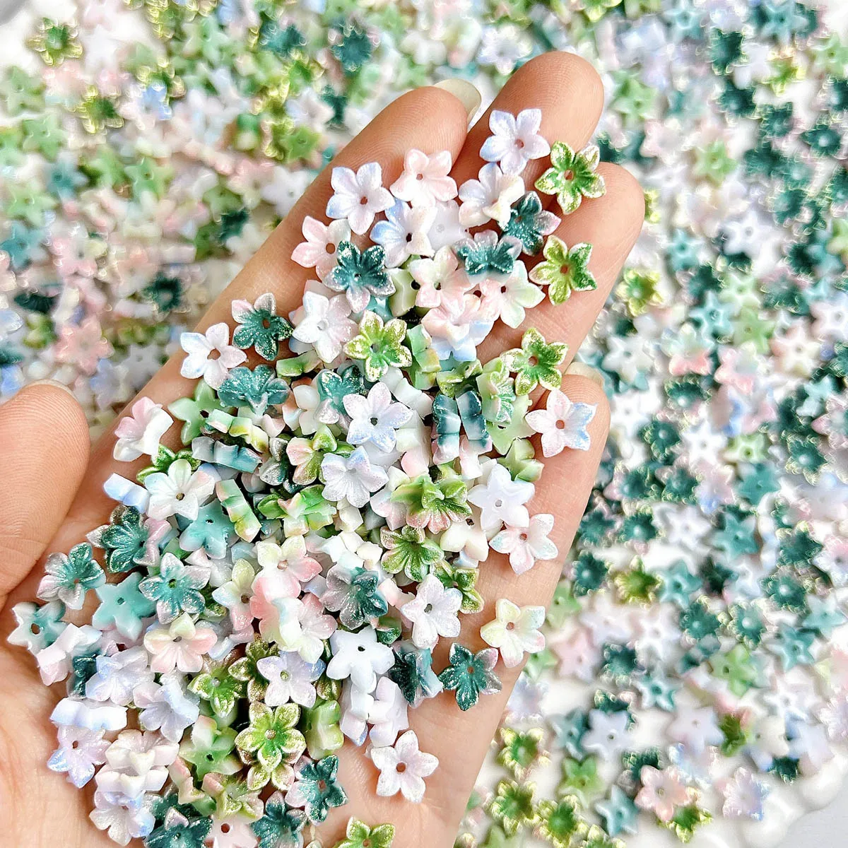 60PCS New Creative Perforated Five Petal Flowers Resin Nail Art Decorations 3D Colorful Shinny Luminous Blossoms Nail Charms DIY
