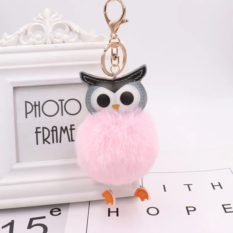 XQFATE Cute Owl Plush Doll Keychain for Women Cartoon Leather Car Pendant Key Ring Bags Mobile Phone Accessories Jewelry Gifts