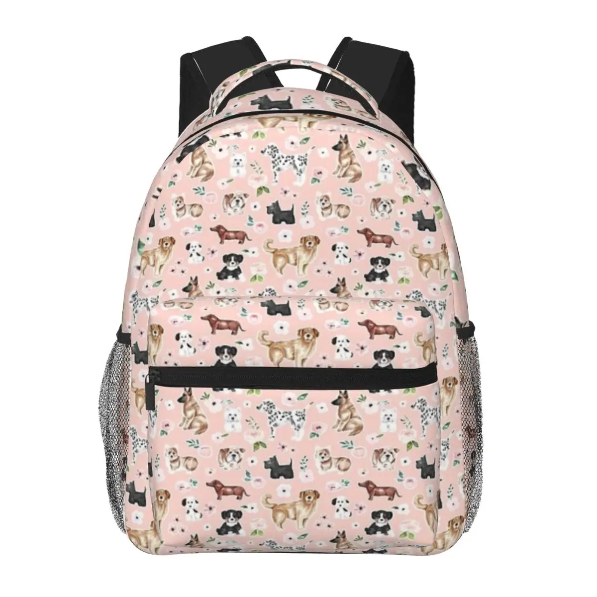 Watercolor Dogs And Flowers On Pink Dog Illustration Children's Cartoon Schoolbag Backpack Cute Two-Shoulder Bag Kids 16inch