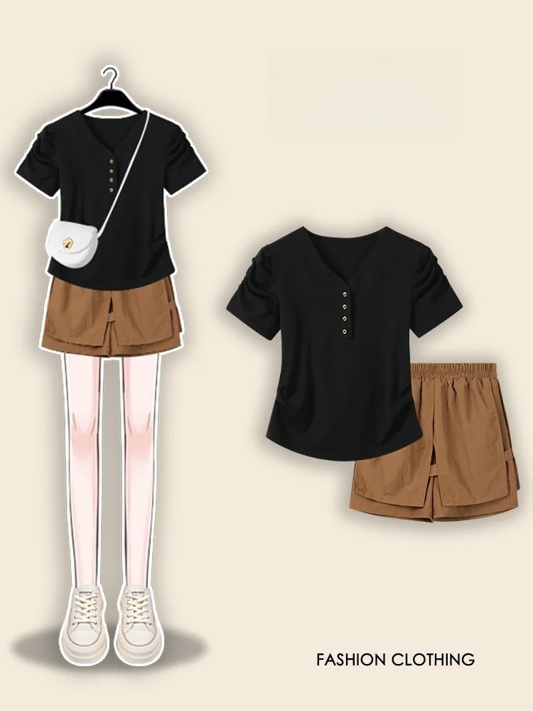 

plus Size Faion Set Salt Series Light Maturi V-ne Waist Cinch ort Sve Elastic Waist Personalized Double Layer Flow...