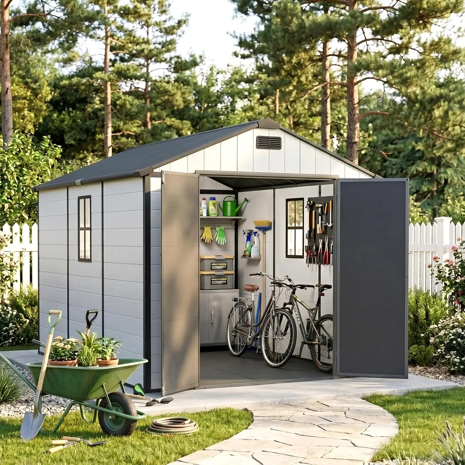 8x10FT Resin Outdoor Storage Shed with Floor, Light Gray, Customized